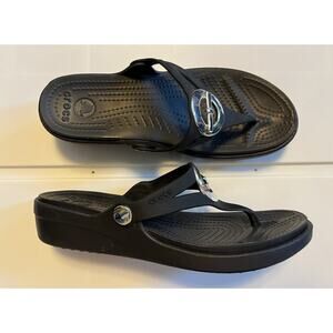 Crocs Sanrah Bow Circle Wedge Sandal Women's Size 7 Black/Silver Slip On Comfort